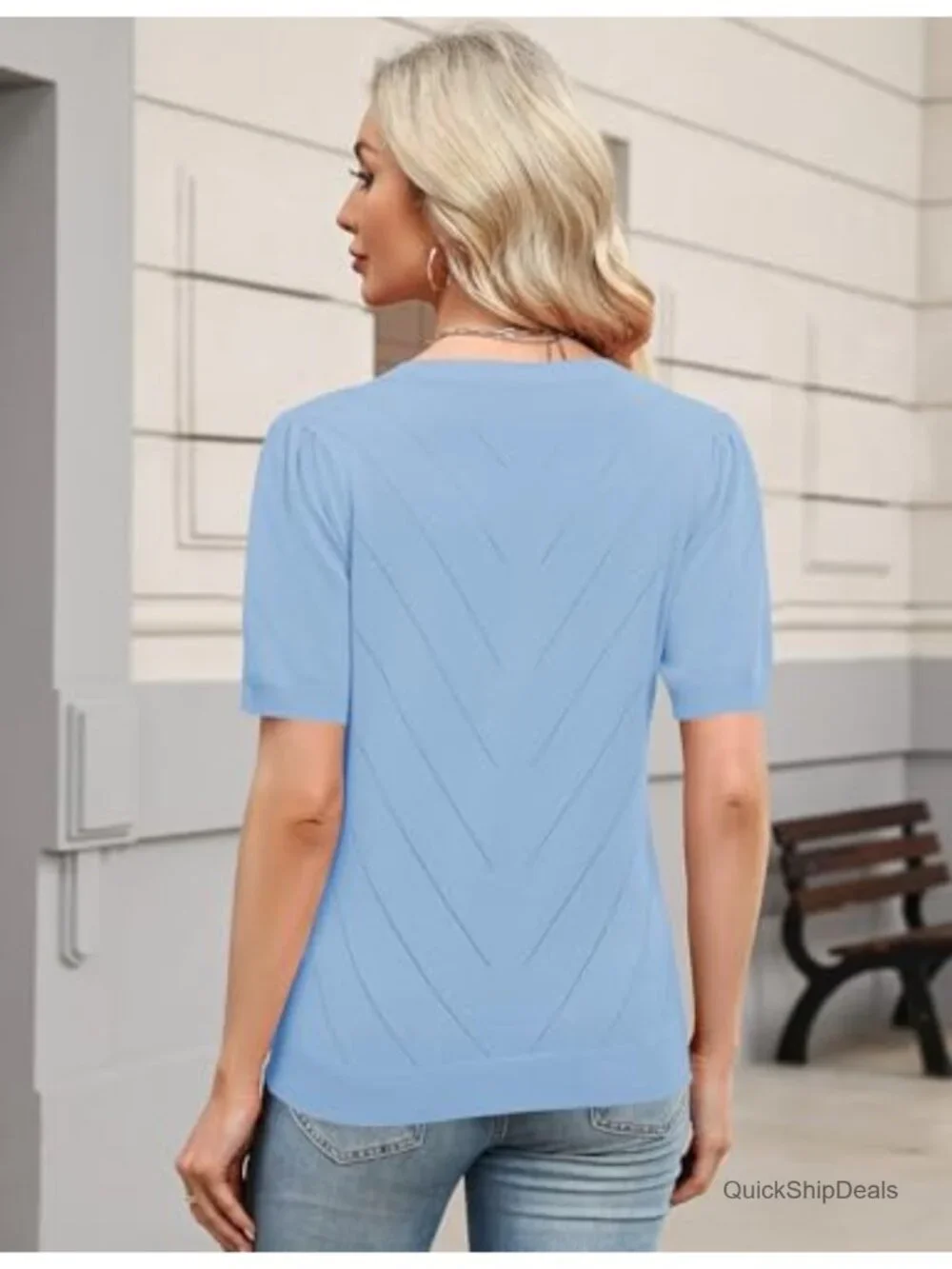 Puff Short Sleeve Lightweight Knit V-Neck Sweater Blouse Business Casual